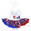 American's Birthday White Baby Halter Jumpsuit Red White Blue Striped Star Pettiskirt & Rhinestone Miss USA Print JS4450